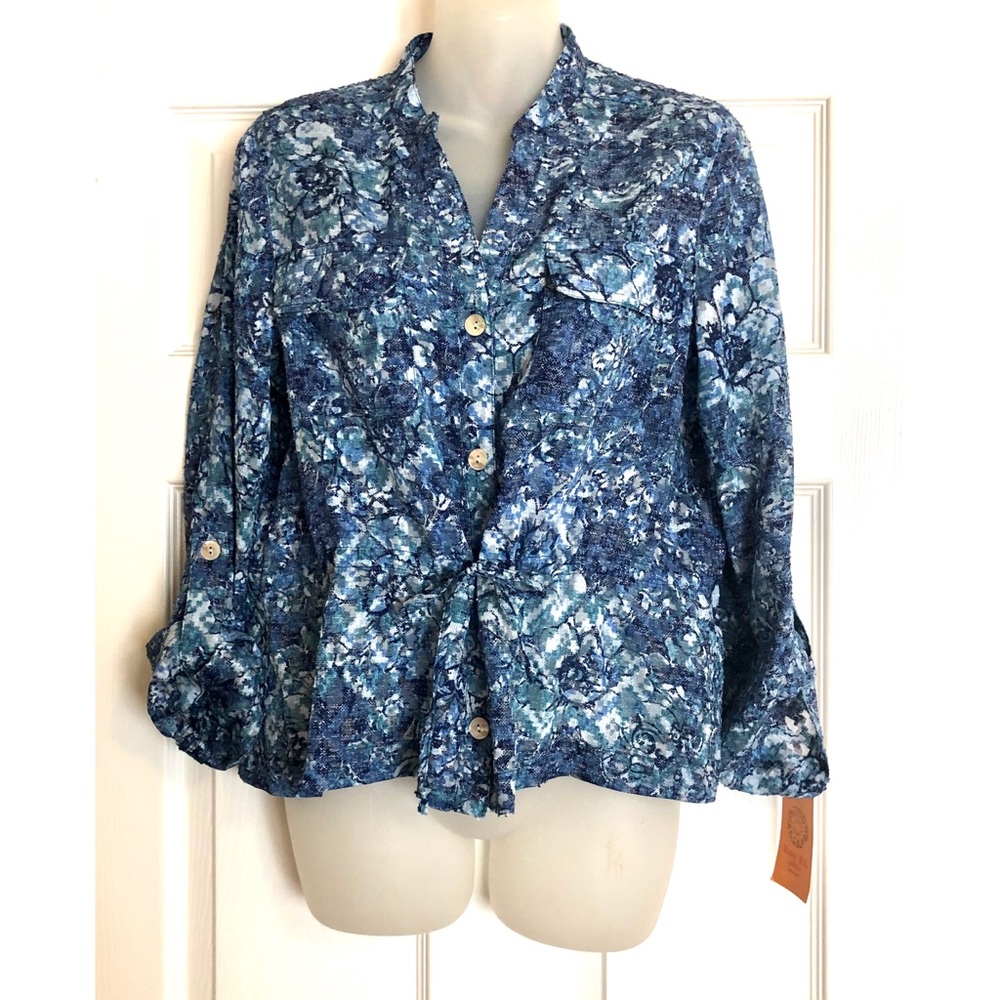 Ruby Rd Sheer Chiffon Button Up Top with Tab Sleeves